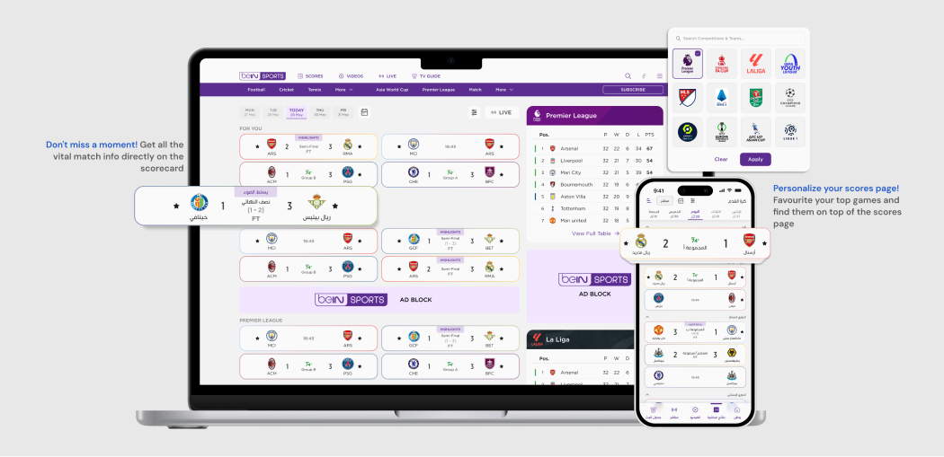 Final Scores page on a laptop and a phone, with callouts "Don't miss a moment! Get all the vital match stats directly on the scoreboard" and "Personalise your scores page!".
